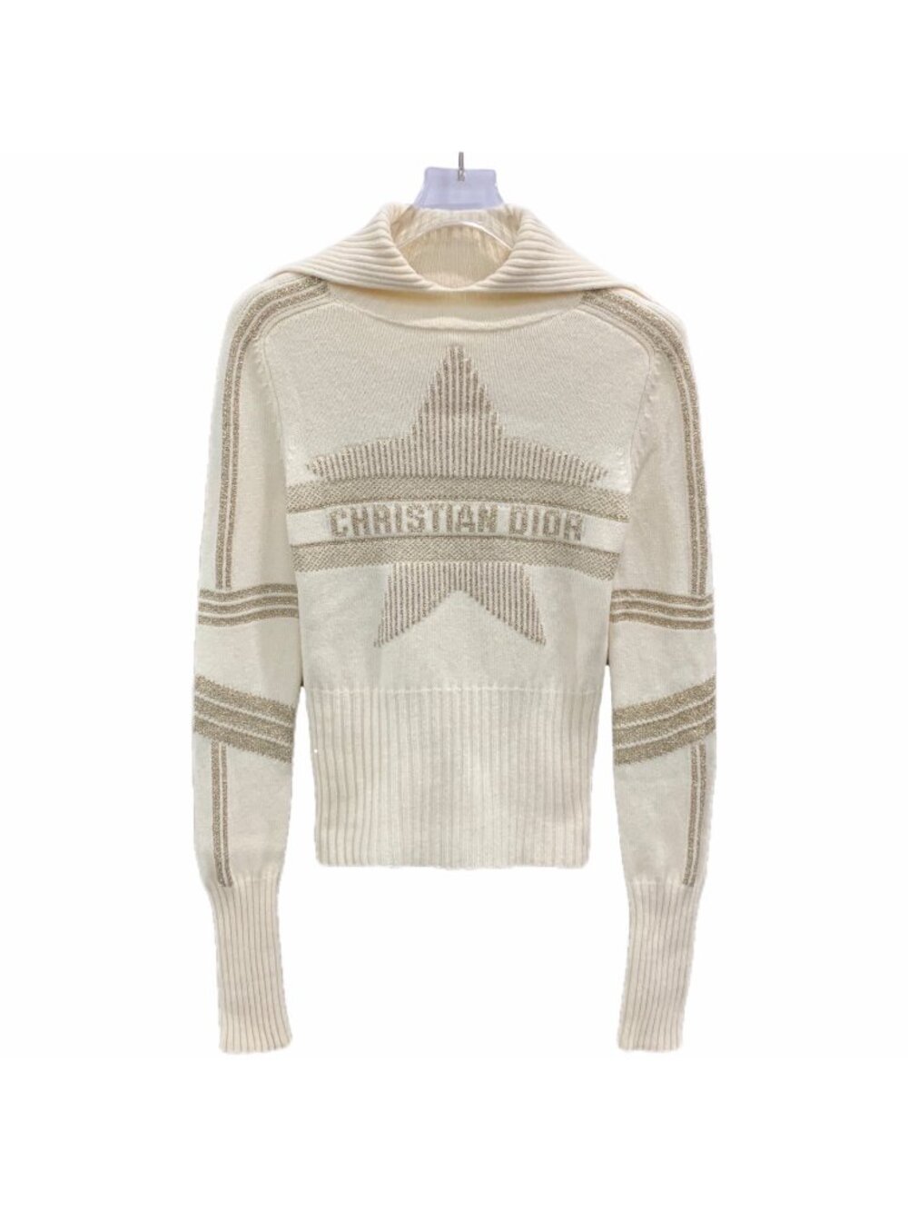 DiorAlps Limited Collection Ivory Wool Gold Thread Embroidered Knit Sweater